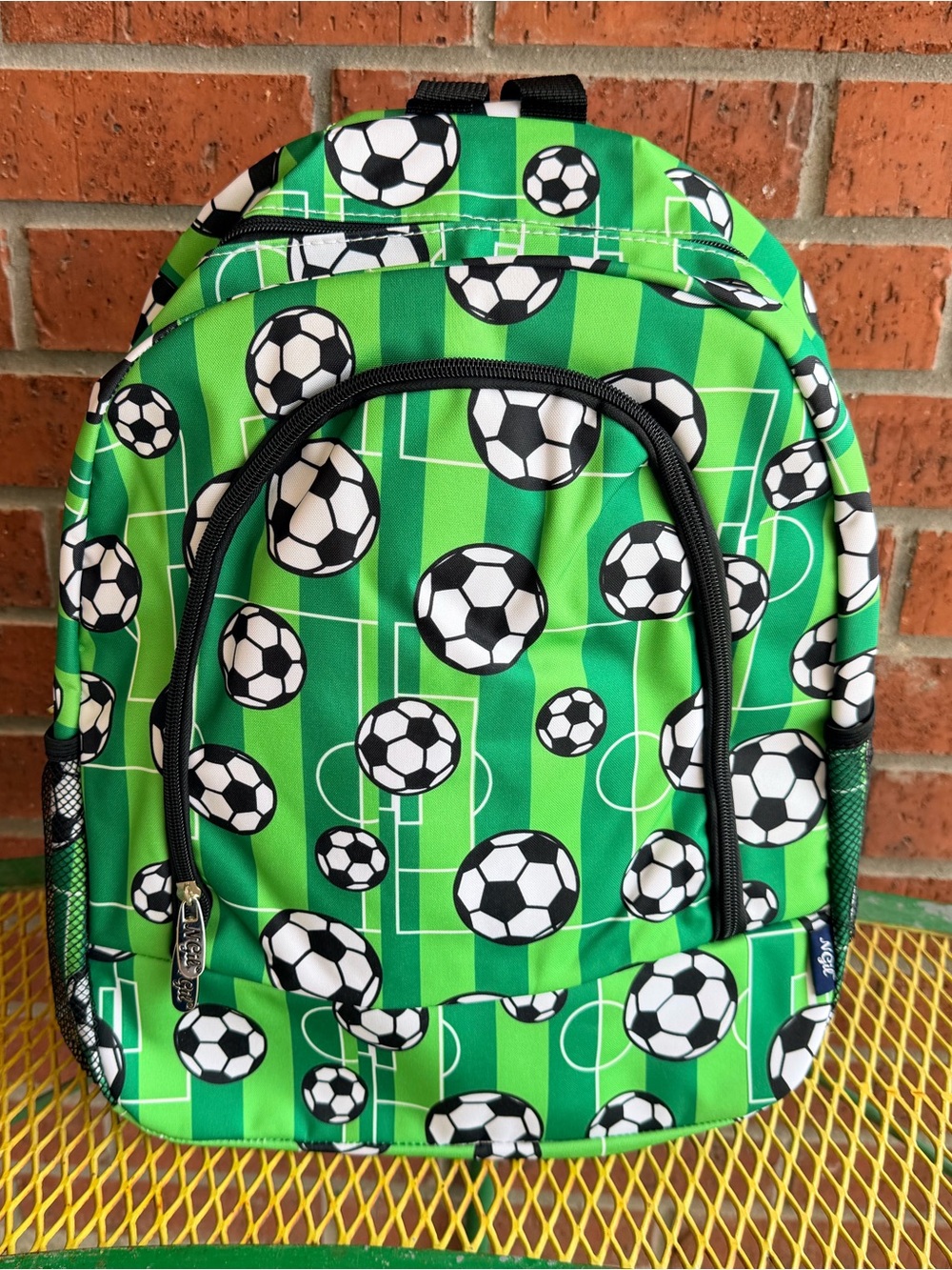 NWT Green Soccer Print Backpack - Comfort Straps WITH MESH SIDE POCKETS